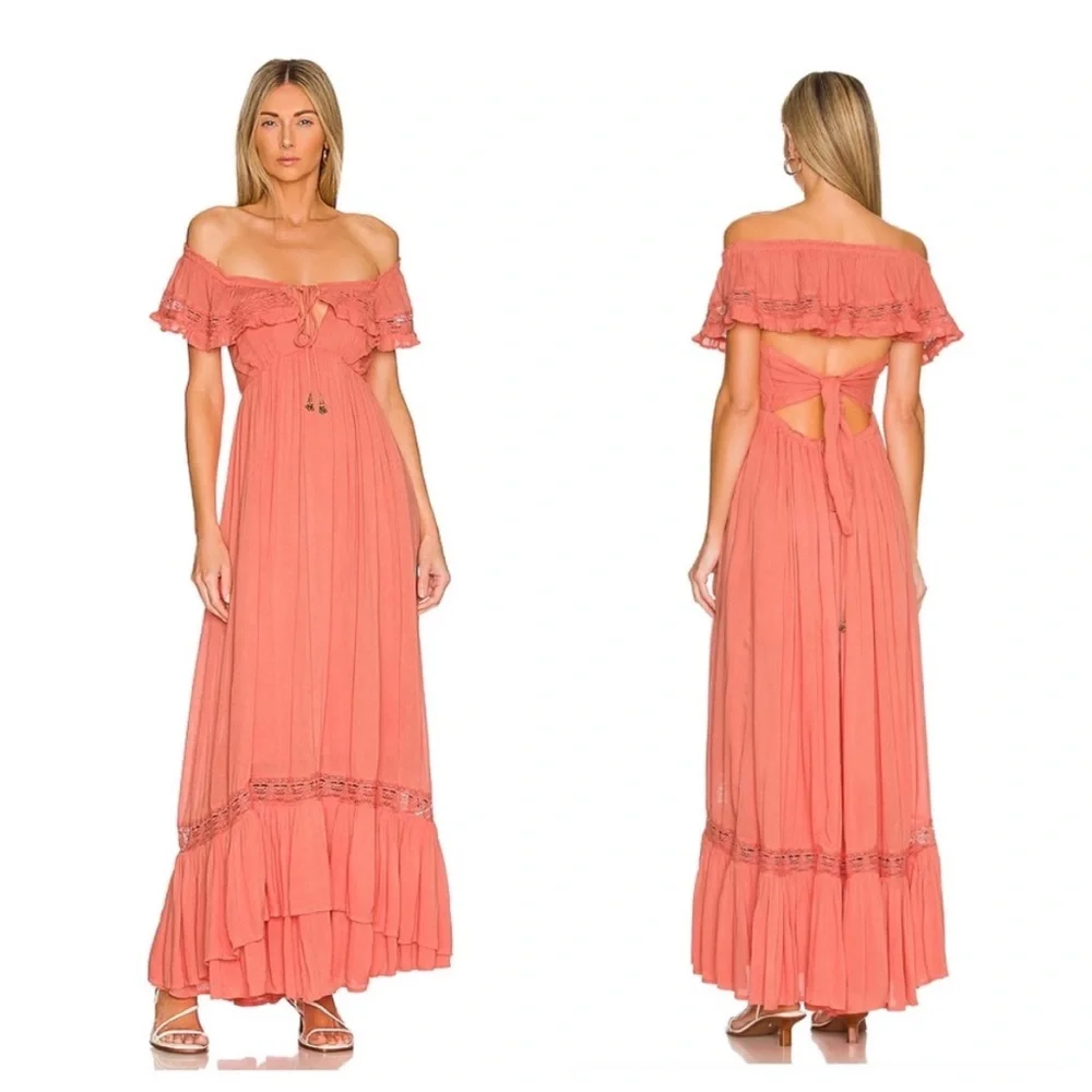 NWT Free People Moonlight Ocean Maxi Dress Off Shoulders Orange Red Boho S - Picture 1 of 6